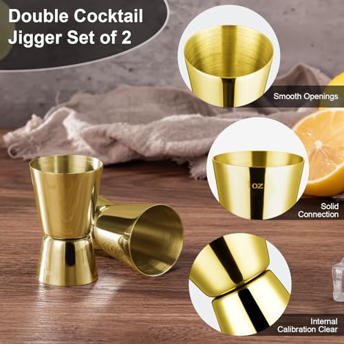 2Pcs Double Cocktail Jigger for Bartending (Flat Edge-0.5oz/1oz-2PC / Gold)