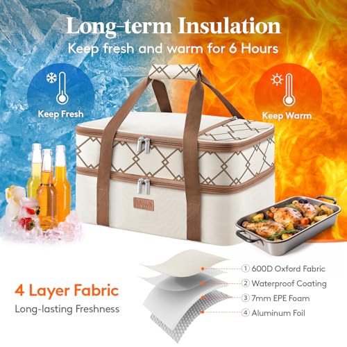Insulated Double Decker Casserole Carrier (Beige / 15.7 x 11.4 x 8.3inch)