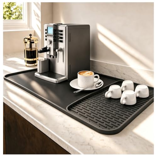 2 in 1 Extra Large 16"x28" Silicone Coffee Bar Mat Accessories Heat Resistant for Espresso Machine with Detachable Dish Drying Rug Rack Stone Kitchen Office Home Cafetera Essentials Black (Black / 28" x 16")