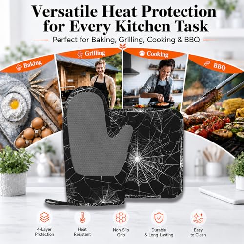 Spider Web Oven Mitts and Pot Holders Sets Silicone Kitchen Mitts Potholders Heat Resistant Oven Gloves Hot Pads for Kitchen Baking Cooking (Spider Web)