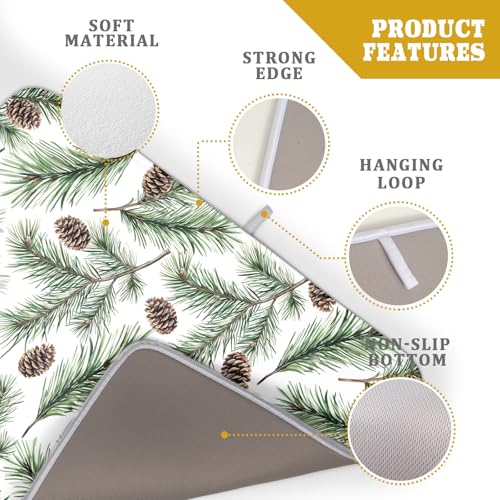 Winter Dish Drying Mat for Kitchen Counter Pine Needle Cone Festival Xmas Microfiber Absorbent Dish Draining Reusable Washable Foldable Extra Large 18"x24" (24" x 18")