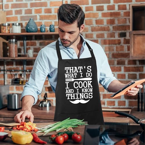 Funny Apron for Men 100% Cotton That's What I Do I Cook And I Know Things Adjustable Bib Aprons with 2 Pockets Grill Kitchen Cooking BBQ Black (That's What I Do I Cook and I Know Things)