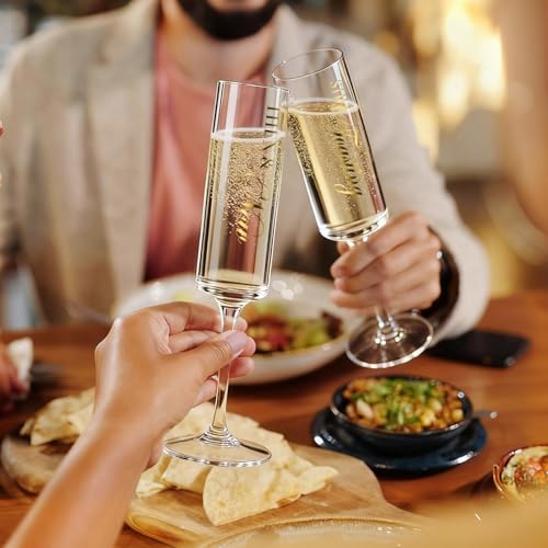 Anniversary Champagne Flutes Set of 2 with Wooden Keepsake Box (Anniversary（Brown） / Set of 2（Wooden box）)