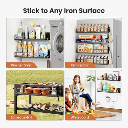 16.9 Inch Wide Large Capacity Magnetic Spice Rack for Refrigerator (6 Pack - Wide / Matt Black)