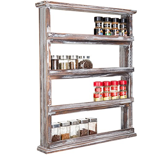 4 Tier Torched Wood Spice Rack Wall Mount Rustic Seasoning Shelf