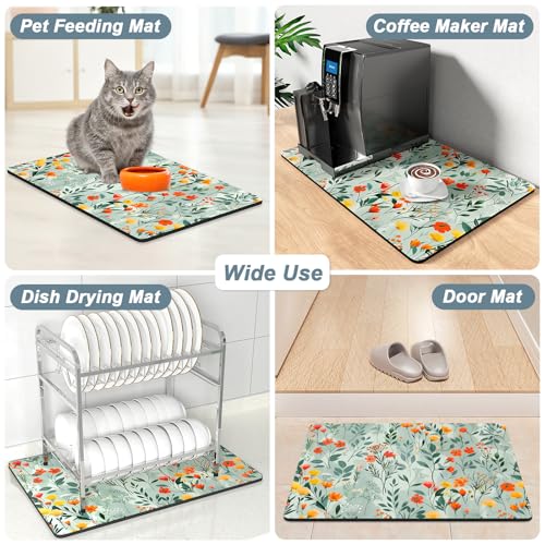 Coffee Mat 12" x 19" Cute Coffee Bar Mats for Espresso Machine Station Accessories and Organizer (Simple Abstract Flowers / 12" x 19")