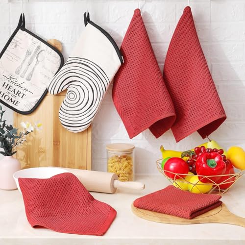 100% Cotton Waffle Weave Kitchen Dish Cloths 18 (Brick Red / 12 X 12 - 18 Pack)