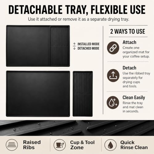 Silicone Coffee Mat with Removable Tray for Coffee Bar Organizer (Classic Black)