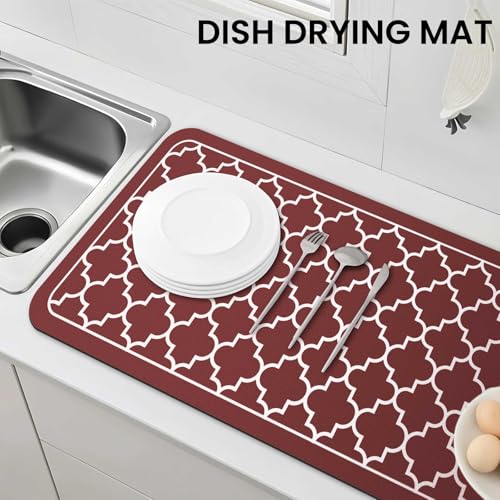 Dish Drying Mat Absorbent Dish Drying Mats for Kitchen Counter 18"x 32" (Stylish Red / 32" x 18")