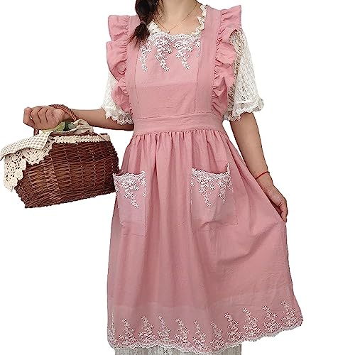 Cute Cotton Apron Frilly Lace Ruffle Adjustable Pinafore Apron Dress with Pockets for Cooking Baking Cleaning Gardening (Pink)