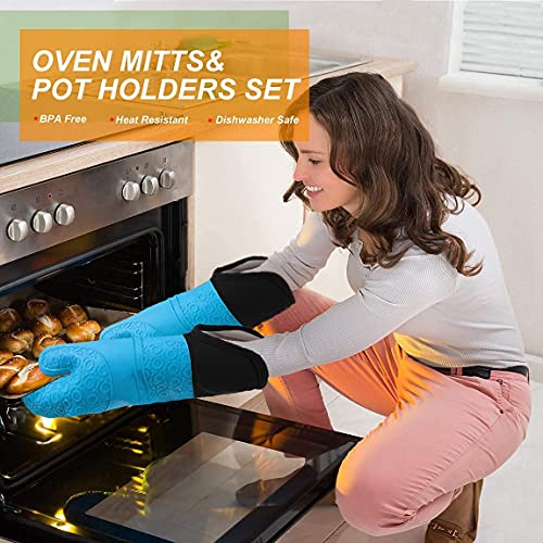 Silicone Oven Mitts and Pot Holders Set (Blue)