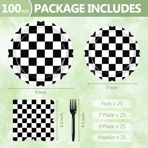 100 Pcs Black Checkered Paper Plates and Napkins Disposable Set for Party (Black Checkered 100 Plate Set / 7 & 9-inch Set)
