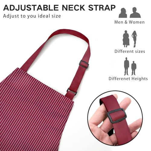 2 Pack Adjustable Bib Apron with 2 Pockets Chef Cooking Kitchen Restaurant Aprons for Women Men (Wine Pinstripes)