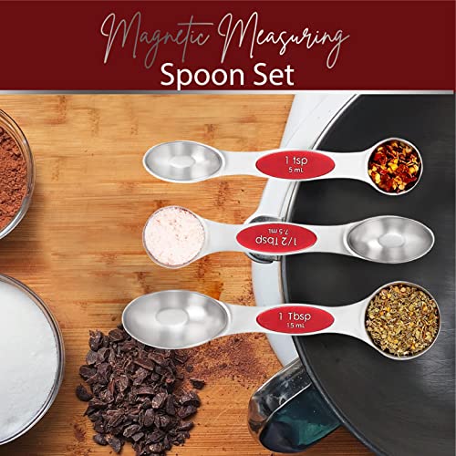 Magnetic Measuring Spoons Set of 9 Stainless Steel Dual (Red)