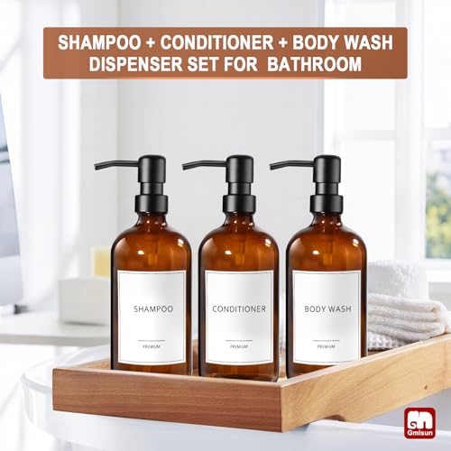 Shampoo and Conditioner Dispenser (Amber Bottle + Black Pump / 3 Pack)