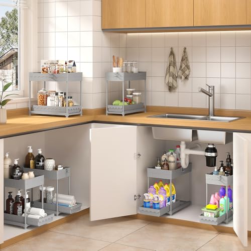 4-Pack 2-Tier Under Sink Organizer with Pull Out Drawers (Grey / 14.8 Inch)