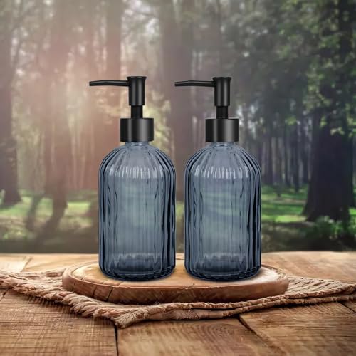 Glass Soap Dispenser with Plastic Pump (Striped Blue Grey)