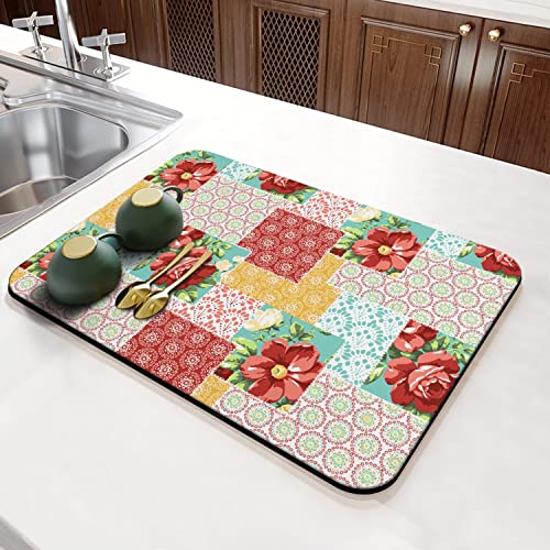 Coffee Bar Mat Accessories for Countertop Absorbent Hide Stain Rubber Backed Dish Drying Mats for Kitchen Counter Draining Pad Decor Gift (Teal Trellis / 16" x 24")