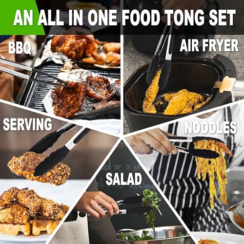Non Stick Silicone Locking Tong Set of 3 (7+9+12 Inch / 3 Pcs Silicone - Black)