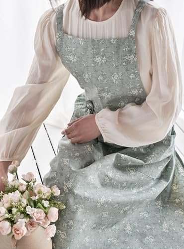 Japanese Cotton Linen Cross Back Work Apron for Women with Pockets Pinafore Dress Smock (03-flower)
