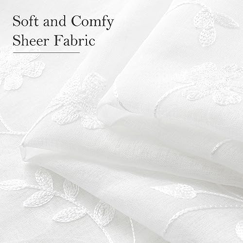 White Sheer Curtains 96 Inches Long 2 Panels White Embroidered Floral Pattern Semi Sheer Window Curtains for Bedroom Living Room (52"W x 96"L (Pack of 2) / White)