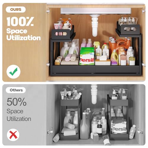 1 Pack-16"-26"W Expandable Under Sink Organizer With Upgrade Ball-Bearing Slide,2-Tier Pull Out Under Cabinet Organizer Height Adjustable,Not Suitable For Cabinets With Partitions In The Middle (1 Pack-16"-26"W / Black)