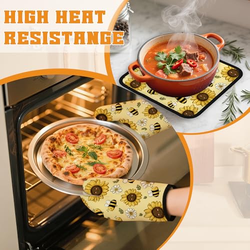 Sunflower Bee Oven Mitts and Pot Holders Set (Sunflower Bee Daisy)