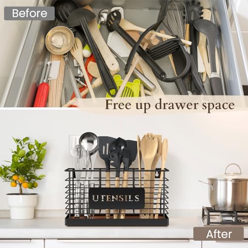 Utensil Holder for Kitchen Counter Large Black Metal Cooking Utensil Organizer 3 Compartments for Countertop Kitchen Tool Spatula Holder Wood Base (Brown-3 Slots)