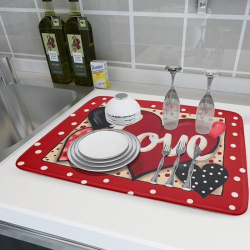 Love Heart Dish Drying Mat 18"x24" Red Dots Microfiber Dish Rack Mat Holiday Absorbent Fast Dry Draining Pad for Kitchen Counter Bar Sinks (Love Heart / 24" x 24")