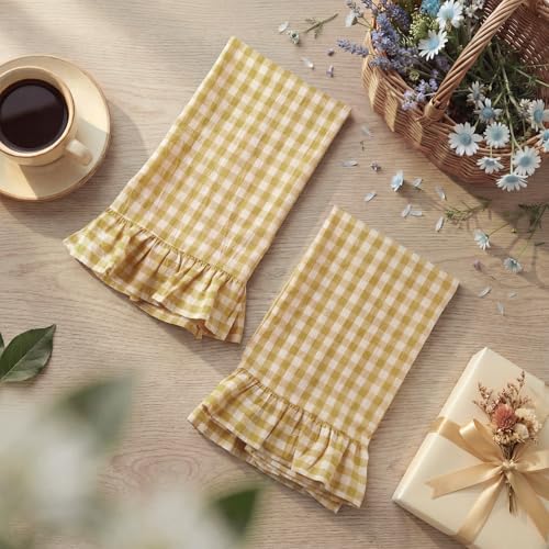2 Pcs Yellow Gingham Kitchen Towels Cotton Ruffled (Yellow / Gingham)