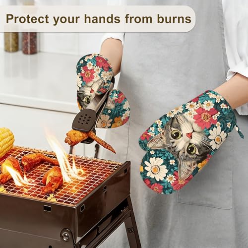 Cute Cat Oven Mitts and Pot Holders Set of 4 (Cute Cat Blooming Colorful Flowers)