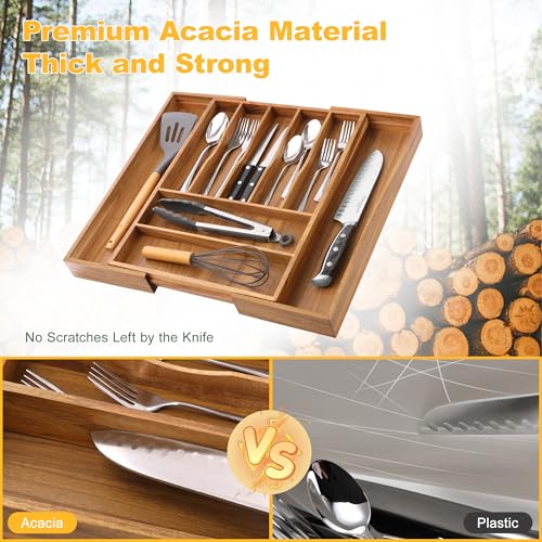 Large Premium Acacia Silverware Organizer (9 Slots Expandable / Acacia)