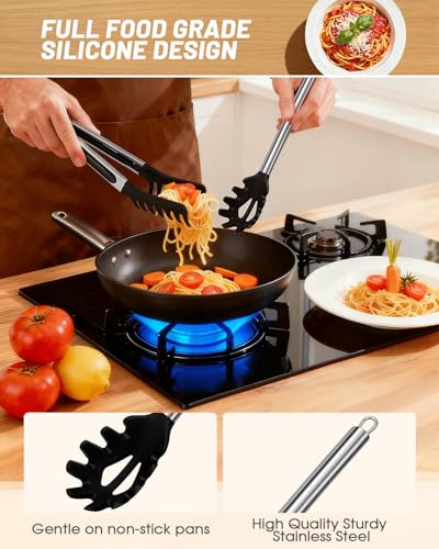 Spaghetti Spoon and Pasta Tong with Grip Teeth and Drain Holes (Black)