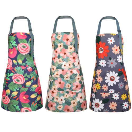 3 Pack Floral Aprons with Pocket (Red, Pink, Yellow)