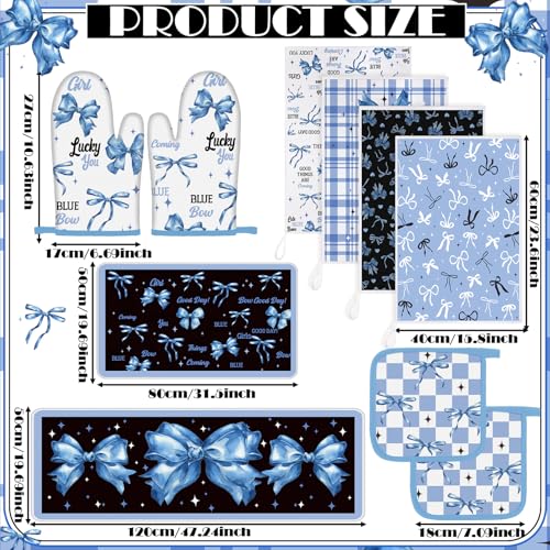 10 Pcs Blue Bow Kitchen Decor Set Dish Towels Kitchen Rugs Oven Mitts and Pot Holders for Cooking Baking Grilling Women Mom Gift (Bright Blue, Black / Bow)