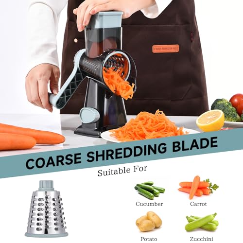 Rotary Cheese Grater with Handle Kitchen Shredder Slicer Grater Slicer Ice Shaver Cheese Vegetable Nuts Potato Zucchini Chocolate 3 Interchangeable Blades (9.06"L x 4.33"W x 9.07"H / GreyBlue)