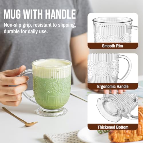 16oz Glass Coffee Mugs with Handle and Spoon Set of 4 Vintage Mug (Hobnail+Floral)