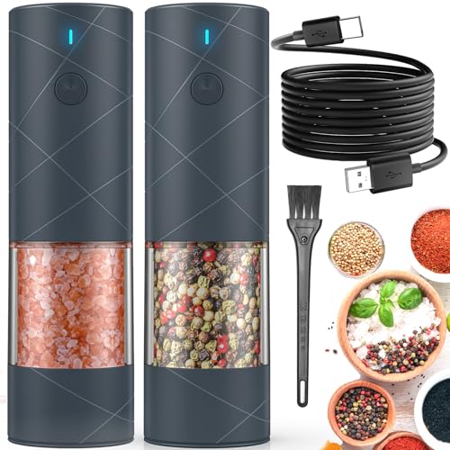 2Pack Electric Salt and Pepper Grinder Set USB Rechargeable with Warm LED Light (2Pack/Gray)