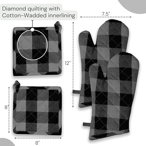 Buffalo Plaid Check Oven Mitts and Pot Holders Set (Light Grey & Black, Buffalo Plaid)
