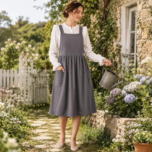 Cotton Linen Apron with Pockets (Grey)