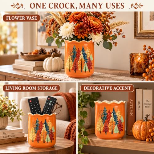 Fall Pine Tree Ceramic Utensil Holder Orange Autumn Chopstick Crock