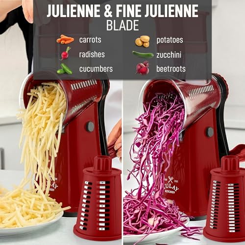 Rotary Cheese Grater Manual Hand Crank 5 Blade Shredder (5 Blades / Red)