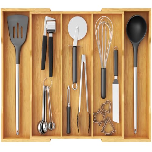 Bamboo Utensil Organizer for Kitchen Drawer (Natural / 12.6~22.8''W x 14'' D)