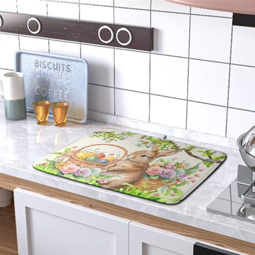 Happy Easter Bunny Kitchen Dish Drying Mat for Dishes 18x24 Inch Spring Colorful Floral Flower Basket Drying Mats Easter Eggs Dish Drainer Mat Super Absorbent Dish Rack Pad for Coffee Bar Sinks (Easter Bunny / 18" x 24")
