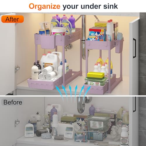 4-Pack 2-Tier Under Sink Organizer with Pull Out Drawers (Pink / 14.8 Inch)