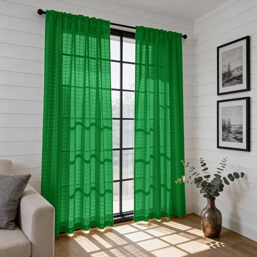 Check Sheer Curtains 108 Inches Long for Living Room (Check - Foliage Green / 52"W x 108"L (Pack of 2))