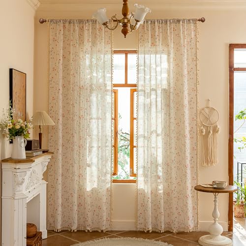 Boho Linen Floral Curtains 63 inch Long for Girls Bedroom Vintage Farmhouse Pink Printed Semi Sheer Light Filtering Back Tab Rod Pocket Drapes with Tassels (Pink / 50"W x 63"L (Pack of 2))