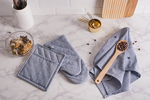 100% Cotton Solid Chambray Kitchen Set (Blue / Oven Mitts)
