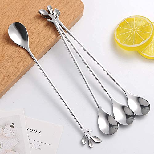 6 Piece Elegant Silver Leaf Long Handle Teaspoons (Silver)