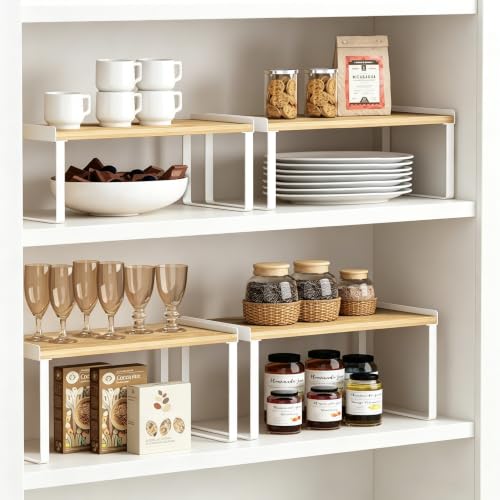 4 Pack Stackable Cabinet Shelves Organizer (Large / White-bamboo)